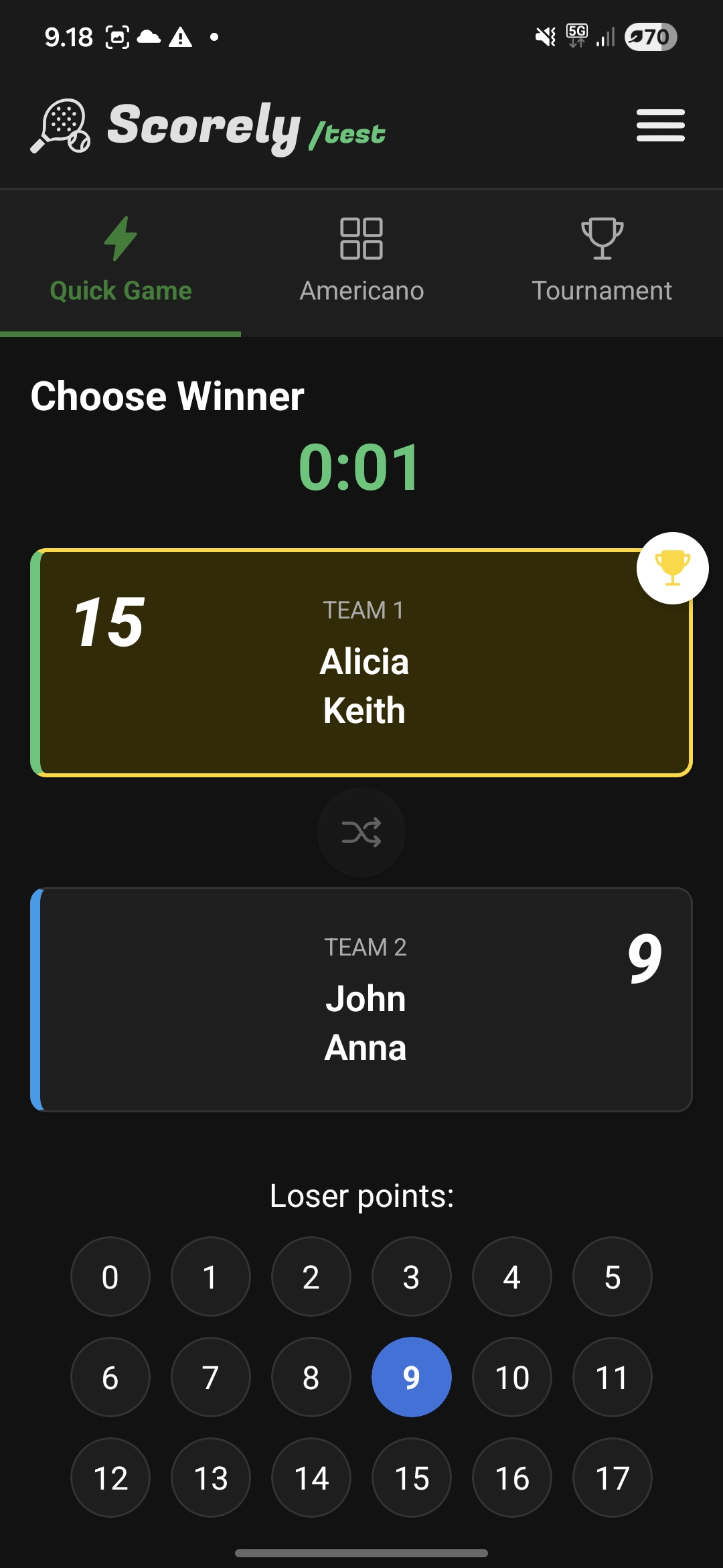 Scorely winner selection view